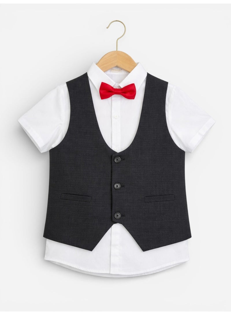 victor and jane Black Waistcoat, Shirt, Trousers & Red Bow Tie Set (3 Years–8 Years) - Image 2